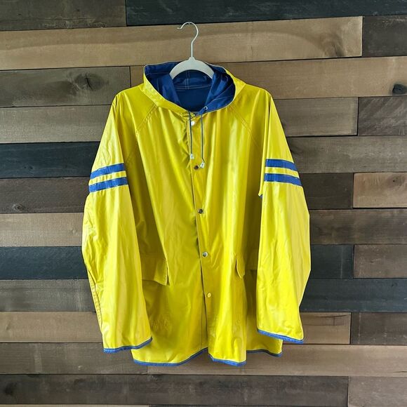 Vintage Weather-Rite Blue Yellow Reversible Raincoat with Stripes & Hood - Picture 2 of 10
